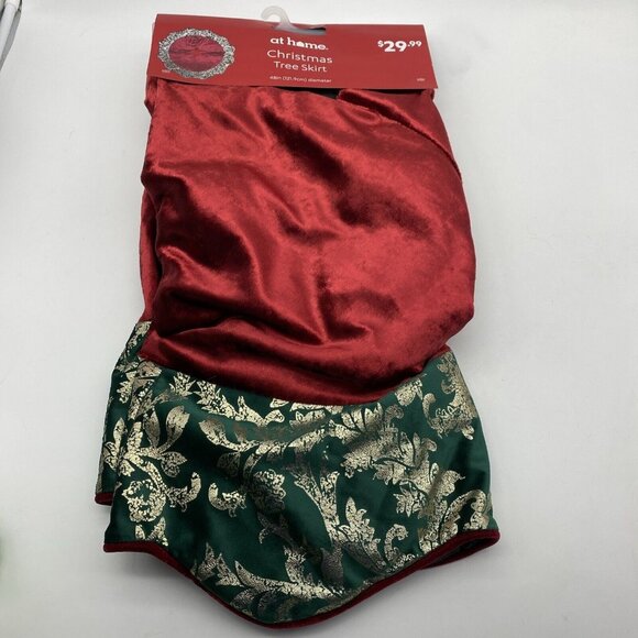 Christmas Tree Skirt 48" At Home Red Plush Green Gold Trim Holiday‎ Elegant - Picture 1 of 9